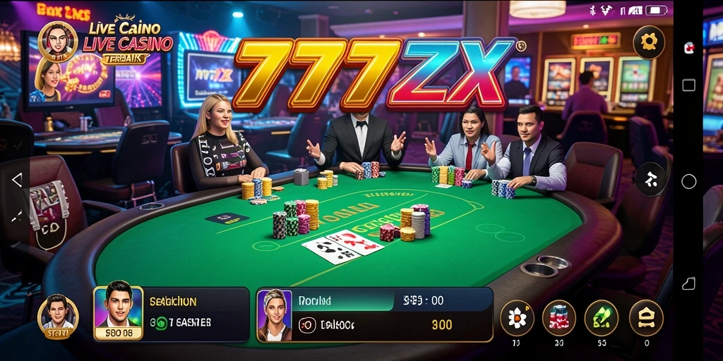 Screenshot gameplay 777ZX menunjukkan dealer langsung dengan suasana kasino yang atraktif.
