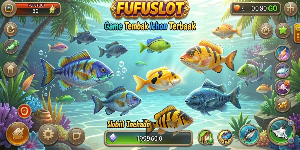 Screenshot FUFUSLOT menampilkan momen seru menembak ikan di bawah laut.