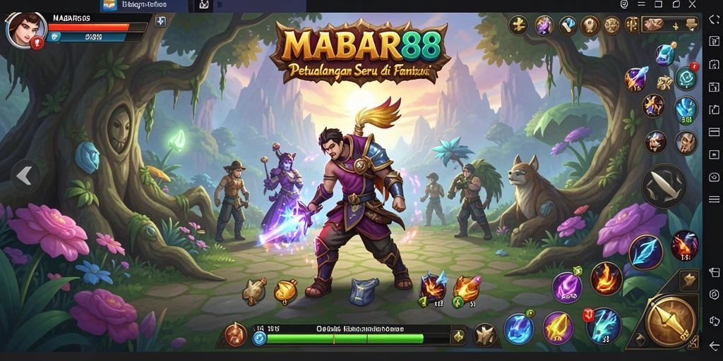 Tampilan gameplay seru MABAR88 dengan karakter menjelajahi dunia fantastis.