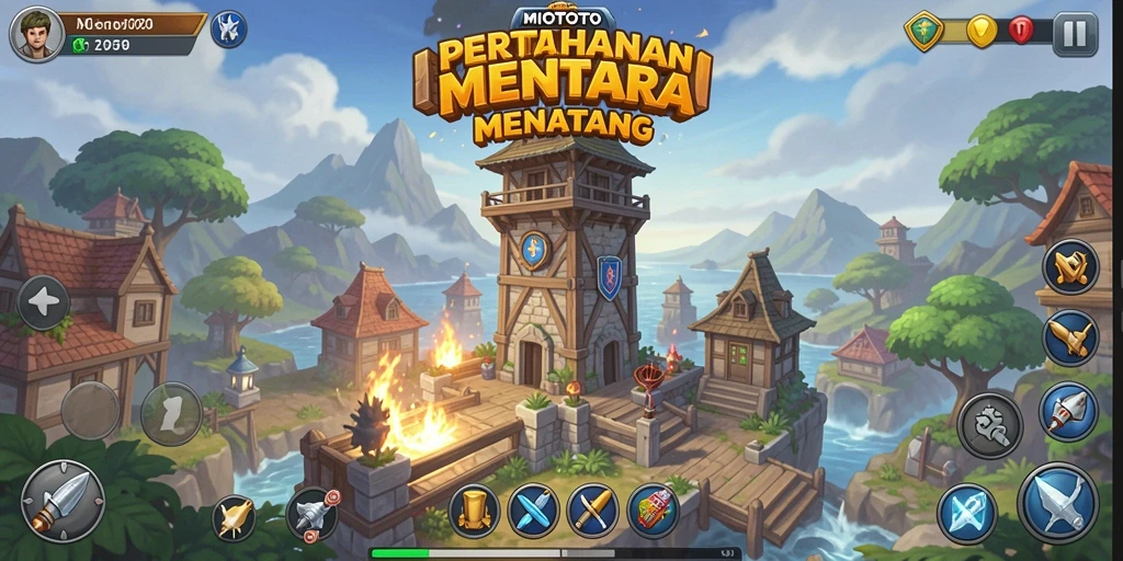 Screenshot gameplay MIOTOTO menampilkan pertarungan menara yang seru.