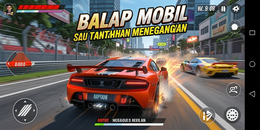 Screenshot gameplay MPO08 yang menunjukkan aksi balapan yang mendebarkan.