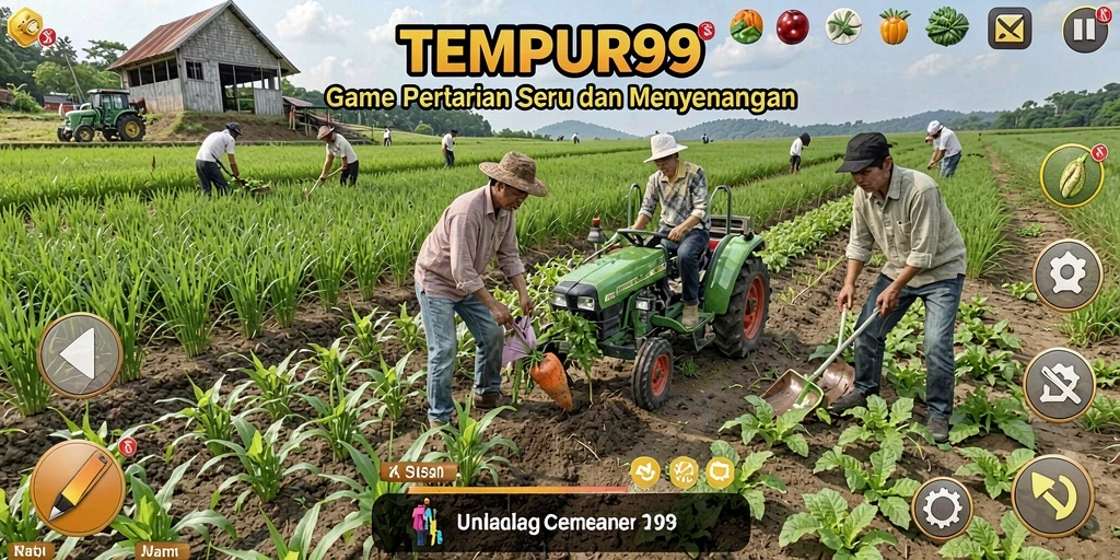 Screenshot game TEMPUR99 menampilkan aktivitas bertani yang menyenangkan.