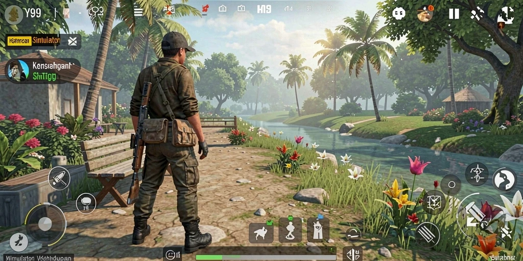 Screenshot Y89 menampilkan karakter berinteraksi dalam dunia simulation yang hidup.
